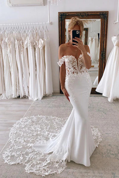 Scalloped Lace Overlay Off-shoulder Mermaid Bridal Gown - VQ