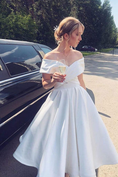 A-Line V Neck Ivory Satin Simple Elegant Wedding Dresses Bridal