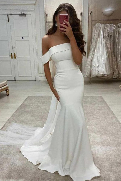 Ivory Off-Shoulder 3D Floral Satin Mermaid Wedding Dress - Promfy