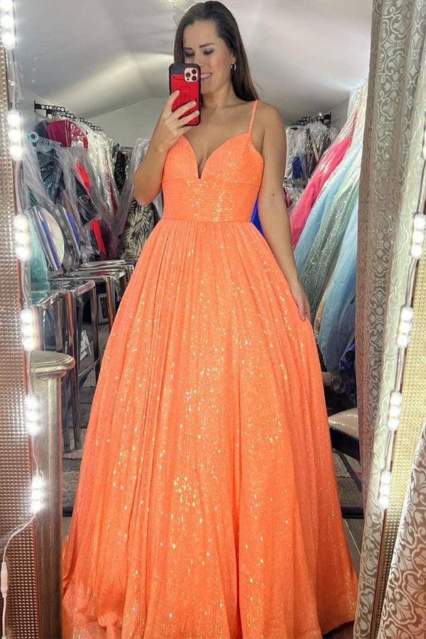 Glitter Straps Hot Pink Sequins Prom Evening Dress with Slit