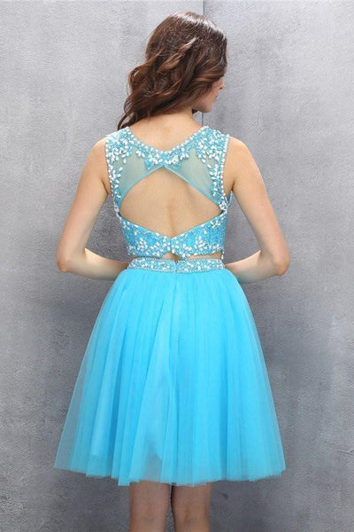 Blue Appliques Beaded Sleeveless A Line Tulle Short Homecoming Dresses –  Pgmdress