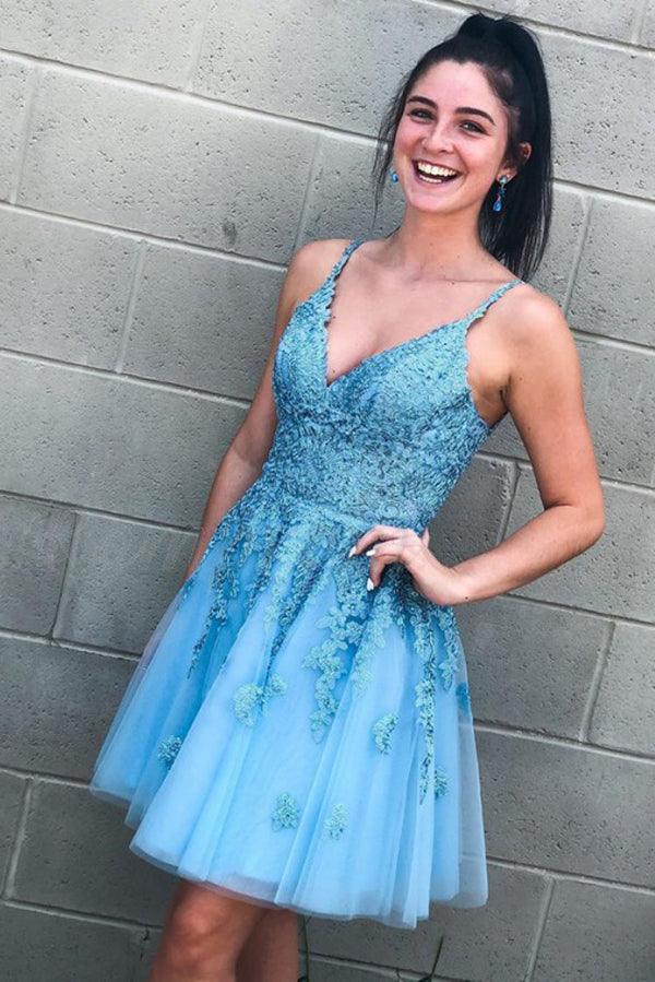 Blue Appliques Beaded Sleeveless A Line Tulle Short Homecoming