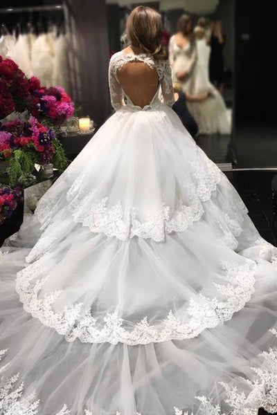 Elegant A-line V Neck Lace Wedding Dresses With Long Sleeves TN296