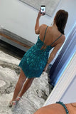 Sequins Sheath Spaghetti Straps Peacock Blue Homecoming Dress TN440