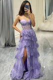 A-Line Appliques Sweetheart Layered Lilac Prom Dress with Slit TP1364-Tirdress