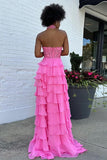 A-Line Halter Flower Tiered Hot Pink Long Prom Dress TP1330-Tirdress