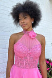 A-Line Halter Flower Tiered Hot Pink Long Prom Dress TP1330-Tirdress