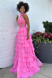 A-Line Halter Flower Tiered Hot Pink Long Prom Dress TP1330-Tirdress