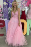 A-Line Spaghetti Straps V-Neck Appliques Tulle Pink Prom Dress TP1388-Tirdress