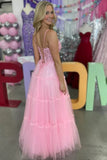 A-Line Spaghetti Straps V-Neck Appliques Tulle Pink Prom Dress TP1388-Tirdress