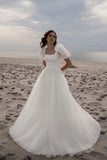 A-Line Square Neck Short Sleeves Vintage Wedding Dress TD001