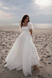 A-Line Square Neck Short Sleeves Vintage Wedding Dress TD001-Tirdress