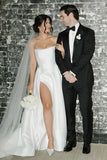 A-Line Strapless Simple White Satin Wedding Dress with Slit TD0017-Tirdress