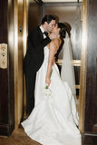 A-Line Strapless Simple White Satin Wedding Dress with Slit TD0017-Tirdress