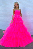 A-Line Strapless Tiered Tulle Hot Pink Long Prom Dress TP1336-Tirdress