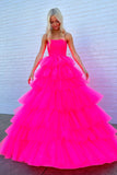 A-Line Strapless Tiered Tulle Hot Pink Long Prom Dress TP1336-Tirdress