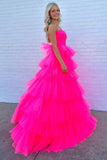 A-Line Strapless Tiered Tulle Hot Pink Long Prom Dress TP1336-Tirdress