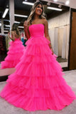 A-Line Strapless Tiered Tulle Hot Pink Long Prom Dress TP1336