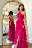 A-line Halter Neck Ruffle Fuchsia Long Prom Dress TP1321