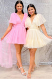 A-line V Neck Pink Homecoming Dress with Flutter Sleeves HD0211