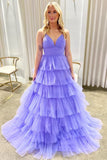 A-line V-Neck Ruffle Tiered Lavender Prom Dress Party Dress TP1379