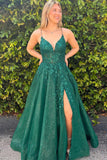 A-line V-neck Lace Appliques Dark Green Long Prom Dress TP1358-Tirdress