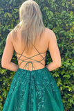 A-line V-neck Lace Appliques Dark Green Long Prom Dress TP1358-Tirdress