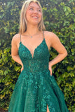 A-line V-neck Lace Appliques Dark Green Long Prom Dress TP1358-Tirdress