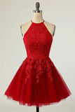 A Line Halter Short Red Homecoming Dress with Appliques TN421-Tirdress