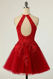 A Line Halter Short Red Homecoming Dress with Appliques TN421-Tirdress