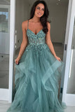 A Line Straps Appliques Tulle Grey Green Long Prom Dress TP1365-Tirdress