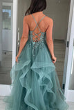 A Line Straps Appliques Tulle Grey Green Long Prom Dress TP1365-Tirdress