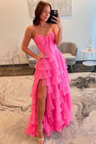 A Line Sweetheart Chiffon Tiered Pink Prom Dress with Bow TP1348-Tirdress