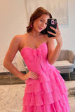 A Line Sweetheart Chiffon Tiered Pink Prom Dress with Bow TP1348-Tirdress