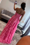 A Line Sweetheart Chiffon Tiered Pink Prom Dress with Bow TP1348-Tirdress