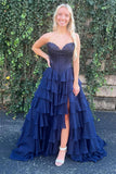 A Line Sweetheart Tiered Chiffon Navy Blue Prom Dress TP1337