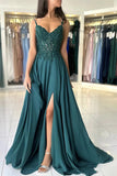 A Line V Neck Dark Green Lace Prom Dress Formal Gown TP1412-Tirdress