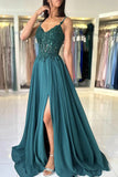 A Line V Neck Dark Green Lace Prom Dress Formal Gown TP1412-Tirdress