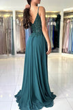 A Line V Neck Dark Green Lace Prom Dress Formal Gown TP1412-Tirdress