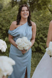 Asymmetrical One Shoulder Blue Bridesmaid Dress with Slit TY0037