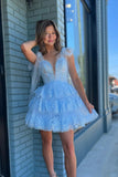 Blue Appliques Ruffle A-line Short Princess Homecoming Dress TN416-Tirdress