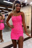 Bodycon Spaghetti Straps Hot Pink Homecoming Dress with Beading TN418