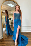 Charming Round Neck Mermaid Blue Prom Dress with Beading TP1339