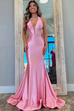 Classy Halter V-Neck Appliques Mermaid Pink Prom Dress TP1409