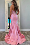 Classy Halter V-Neck Appliques Mermaid Pink Prom Dress TP1409-Tirdress