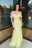 Cold Sleeves Lace Mermaid Ruffle Yellow Long Prom Dress TP1401