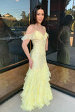 Cold Sleeves Lace Mermaid Ruffle Yellow Long Prom Dress TP1401-Tirdress