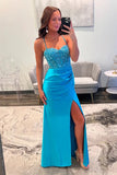 Cute Mermaid Straps Satin Blue Long Prom Dress with Appliques TP1400