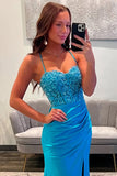 Cute Mermaid Straps Satin Blue Long Prom Dress with Appliques TP1400-Tirdress