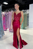 Cute Mermaid V Neck Burgundy Satin Prom Dress with Appliques TP1402